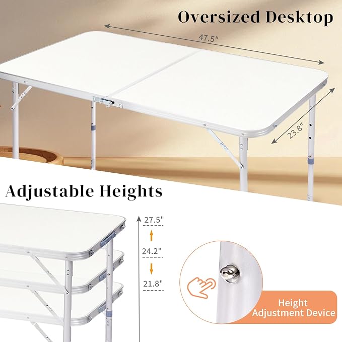 Aluminum Folding Camping Table,4ft Portable Folding Outdoor Table, 3 Adjustable Heights Lightweight Aluminum Table, with Carry Handle for Camping, Beach, BBQ,，Party，Camp Kitchen