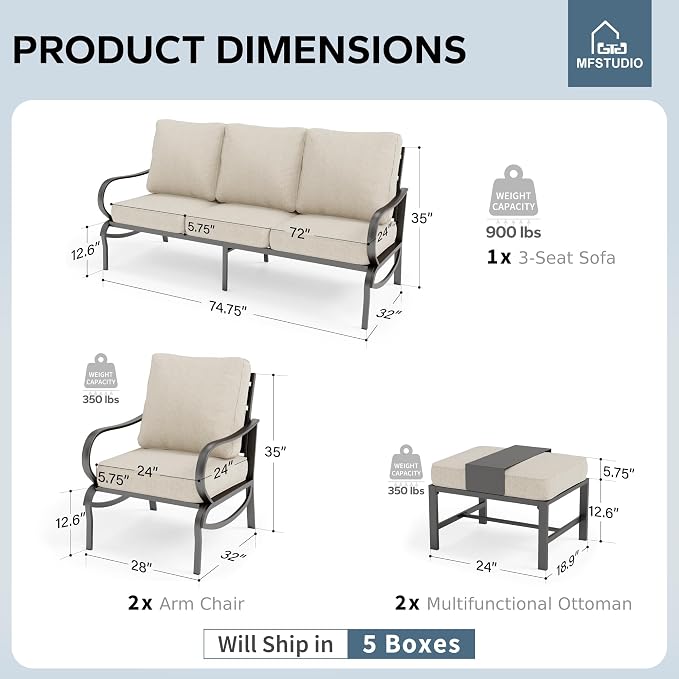 MFSTUDIO 5 Pieces Patio Conversation Sets,Outdoor Metal Furniture Sofas with 1 x 3-Seat Sofa, 2 x Sofa Chairs,2 x Ottoman,Wrought Iron Frame with Beige Cushion for Patio Courtyard Balcony