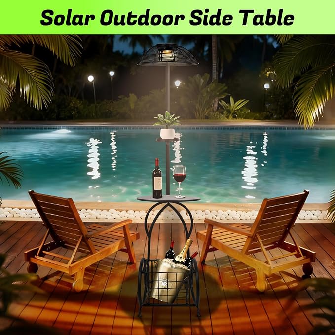 Solar Outdoor Side Table with Light, 52.5'' Waterproof Metal Patio End Table, Solar Powered Accent Table with Auto Light ON/OFF & USB Charging, Pefect for Porch Backyard Poolside Balcony, Black
