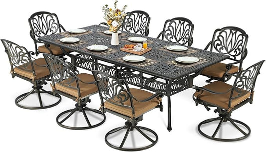 MEETWARM 9-Piece Outdoor Patio Dining Set for 8, All Weather Cast Aluminum Patio Funiture Table and Chairs Set- 94.5” Rectangular Table and 8 Cushioned Swivel Rocker Chairs, 2" Umbrella Hole, Khaki