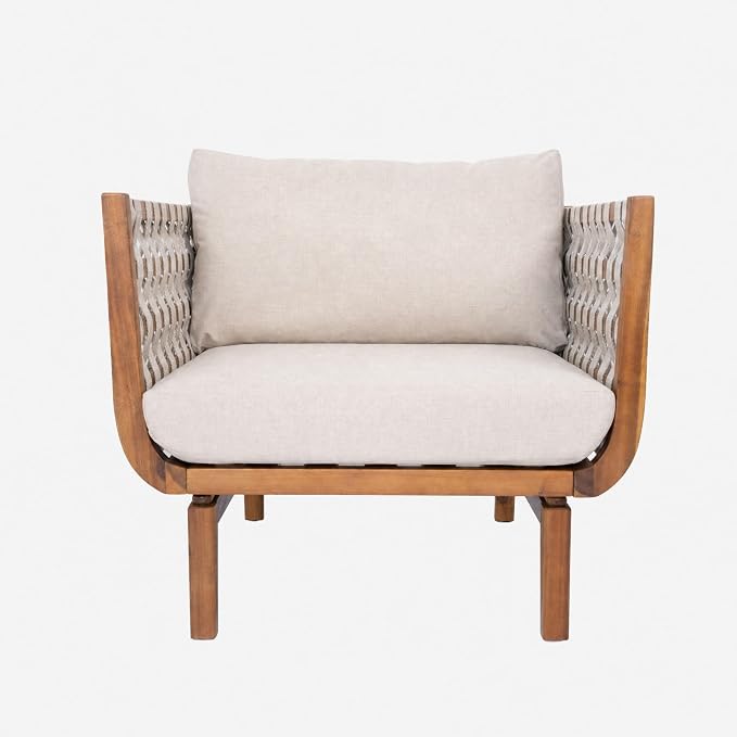 Christopher Knight Home Gwen 5 Piece Acacia Wood Patio Conversation Set with Sofa, Coffee Table, Ottomans and Club Chair, Patio Sofa Set with Cushions, Outdoor Patio Furniture Set, Teak+Beige