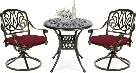 VIVIJASON 3-Piece Patio Furniture Dining Set, Outdoor All-Weather Cast Aluminum Bistro Set, Include 2 Swivel Chairs and 31" Round Table w/Umbrella Hole for Balcony, Lawn, Garden (Red Cushion)