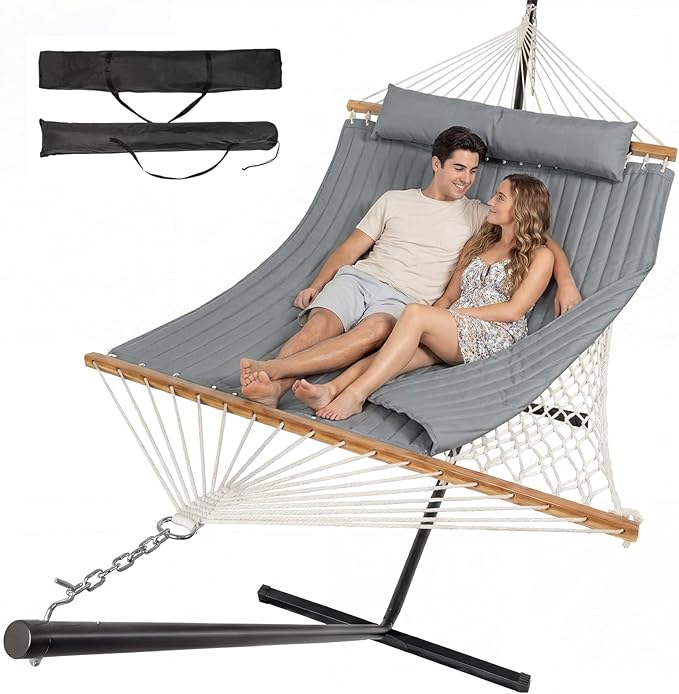 ANAGOO Double Hammock with Stand – Portable Cotton Rope Hammock with Removable Quilted Pad & Pillow, Adjustable Steel Frame for Patio, Backyard, Garden, Park, Camping & Outdoor Relaxation – Gray