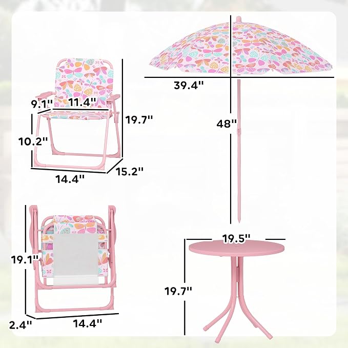 Qaba Kids Picnic Table and Chair Set, Outdoor Activity Table with Foldable Chairs, Removable Umbrella, Butterfly Pattern Toddler Patio Furniture for Backyard, Garden, Pink