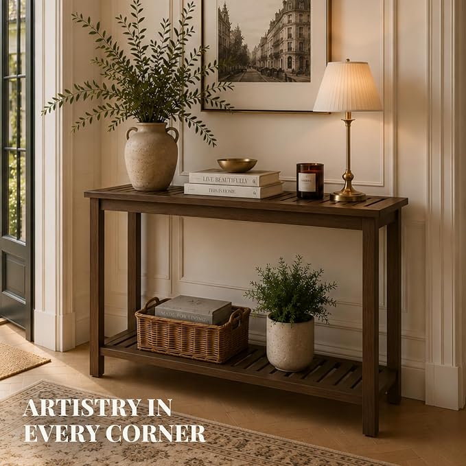 Premium 2-Tier Wooden Console Table with Storage Shelf Solid Eucalyptus Wood 48.03"x 16.14"x 31.1" Entryway Sofa Table for Hallway, Living Room (Brown)
