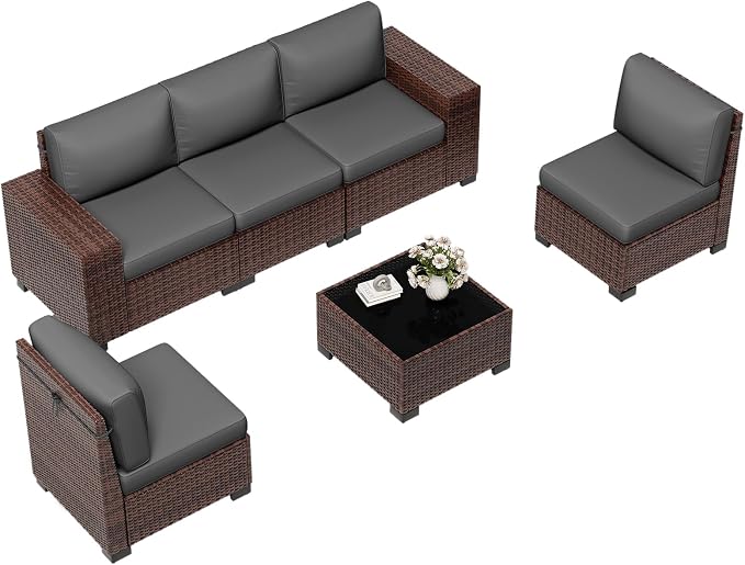 6 Pieces Outdoor Patio Furniture Set with Table Brown Rattan Sectional Sofa Conversation Sets for Balcony Lawn and Garden (Gray, 6 pcs w/Table)