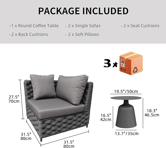 TWT 3-Piece Outdoor Conversation Set, Woven Rope Patio Sofa & Table in Gray. Quick assembly, water-resistant easy-clean cushions. Weather resistant and space-saving, great for indoor & outdoor spaces.