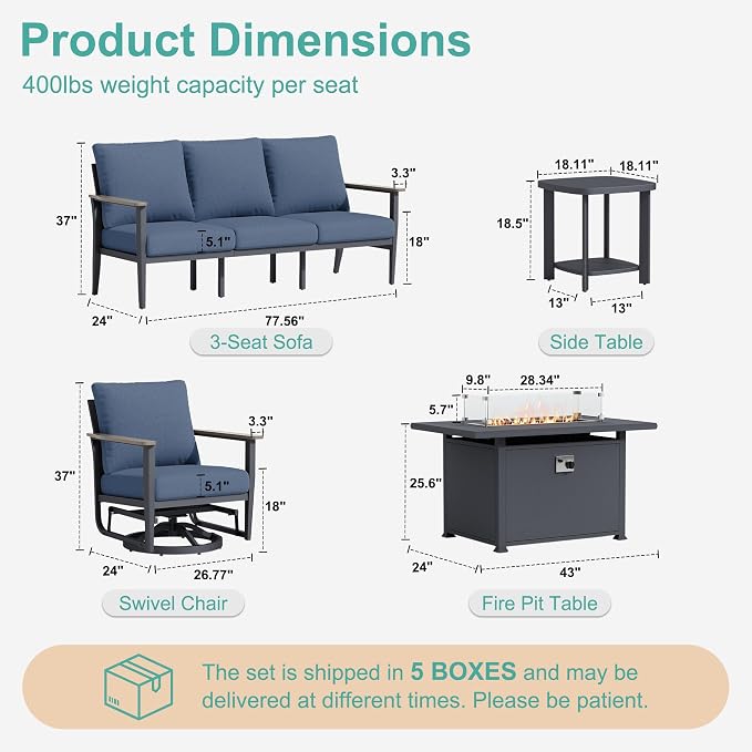 Aluminum Outdoor Patio Furniture Set with Swivel Rocking Chairs 7-Seat, Patio Sectional Sofa Patio Conversation Set with 55,000 BTU Fire Pit Table & High Backrest, Navy Blue