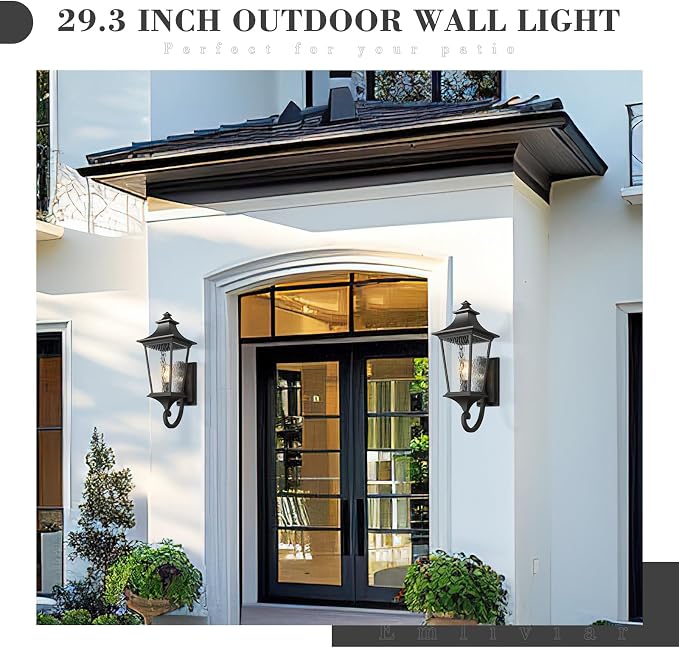 Emliviar 29.3" Large Exterior Wall Light, Outdoor Wall Sconce Suitable for House Porch, Water Ripple Glass in Black Finish, XE292UB-L SW BK