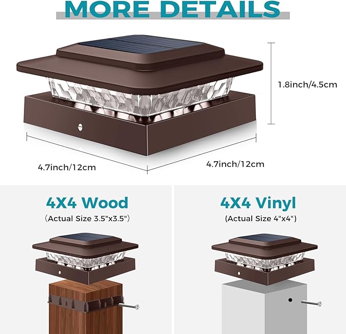 kolpop 4x4 Solar Post Cap Lights Outdoor 8Pack- 3 Color Temperatures&2 Level Brightness, IP65 Waterproof, 16 LED Fence Deck Post Light Solar Powered Only for 4×4/3.5×3.5 Wood/Vinyl Posts(Brown)
