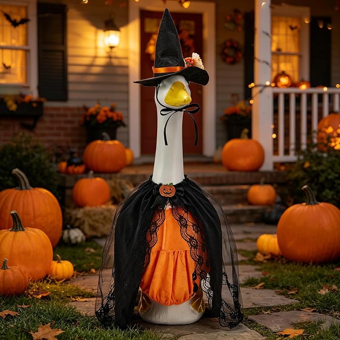 Old Lady Porch Goose Outfits Grandma Goose Clothes Glasses Curly Wig Floral Print Dress Cardign and Pearl Necklace,23'' Geese Statue Outdoor Patio Yard Lawn Decoration (Black)