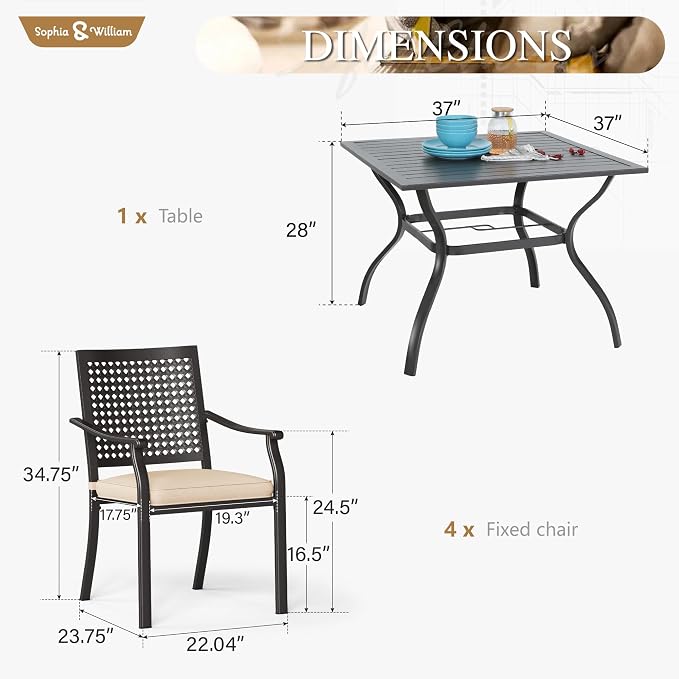 Sophia & William Patio Table and Chairs Set, Outdoor Dining Set for 4, 5 Piece Metal Patio Furniture, 37" Black Square Table(Beehive)