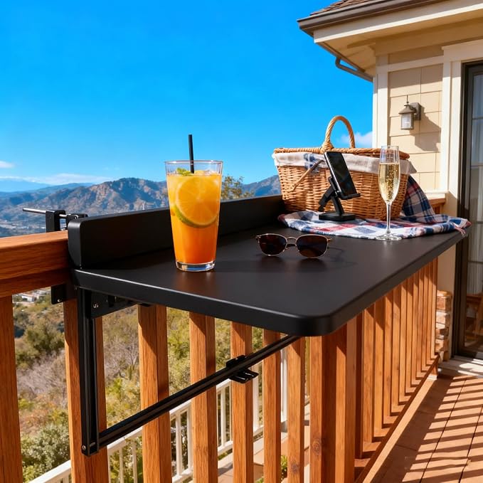 Outdoor Balcony Bar Table for Railings Aluminium Folding Balcony Shelf 5 Height Adjustable Wall-Mounted Side Table Saving Space 120 lbs Loading Serving Table for Patio Deck(Black,31.5x15.7in)