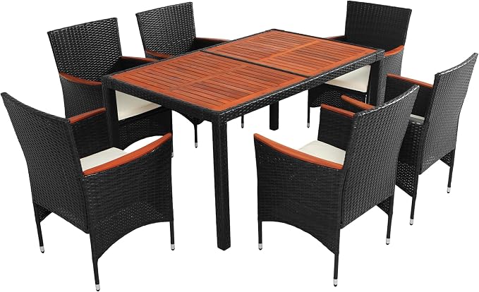 roomfitters 7-Piece Outdoor Patio Dining Set, Garden PE Rattan Wicker Dining Table and Chairs Set, Acacia Wood Tabletop, Stackable Armrest Chairs with Cushions, Reddish-Brown