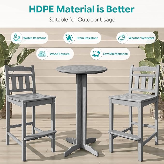 Outdoor Bar Stools Set of 4, HDPE Adirondack Bar Chairs with Backs, All-Weather High Top Patio Chairs, Heavy Duty Armless Bar Height Chair for Balcony, Garden, Deck (Slate Grey, 4pcs Set)
