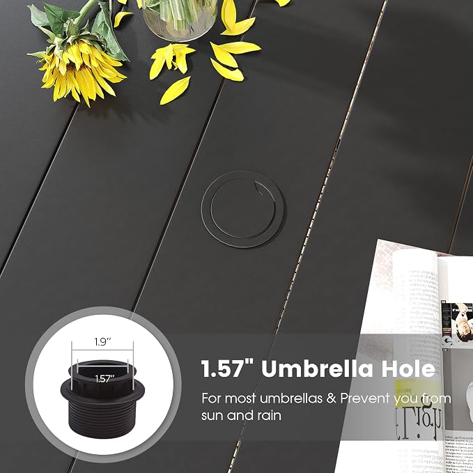 DIFY Outdoor Dining Table for 4, Round Patio Table with Umbrella Hole for Garden, Backyard and Porch (Black)