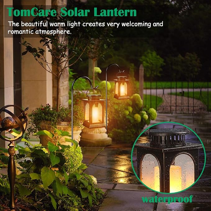 TomCare Flickering Flame Solar Lights Outdoor Metal Hanging Lantern, 2 Pack | Realistic Flame Effect, Charges in 6-8 Hours, 10-12-Hour Runtime, IP65 Waterproof, Auto On/Off for Patio, Garden and Porch