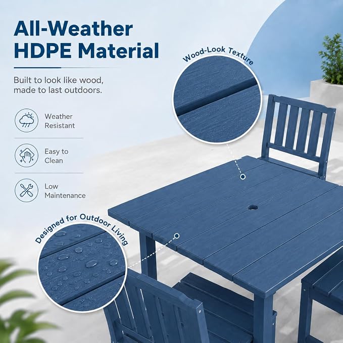 HDPE Outdoor Dining Set for 4, Square Table & Chairs Set | • All-Weather Polywood Composite • 410 lbs Heavy-Duty Support • Built-In 2" Umbrella Hole • Easy Soap-Water Wash
