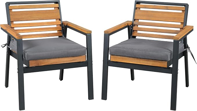 VilroCaz Outdoor 7-Piece Patio Dining Set, Acacia Wood with Iron Frame, All-Weather Rectangle Table and 6 Chairs with Dual-Layer Iron & Wood Seat Frame and Cushions for Backyard Poolside (Gray-5.14G)