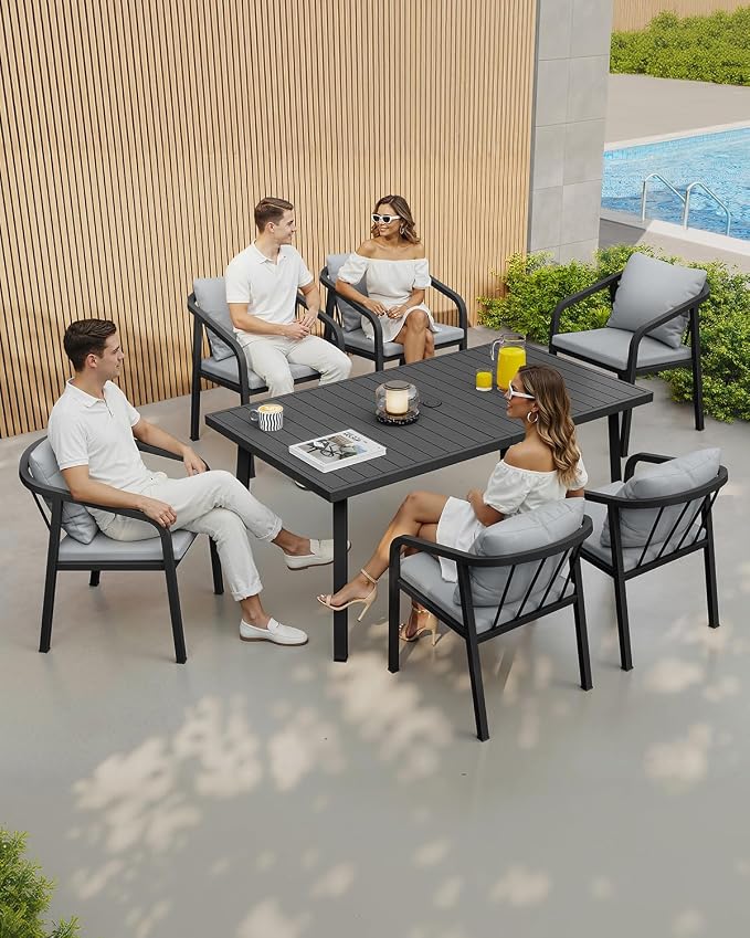 Never-Rust Aluminum Patio Dining Table, 63" x 35" Rectangular Outdoor Dining Table for 6, Outdoor Patio Table with Umbrella Hole for Poolside, Commercial, Porch, Deck, Black