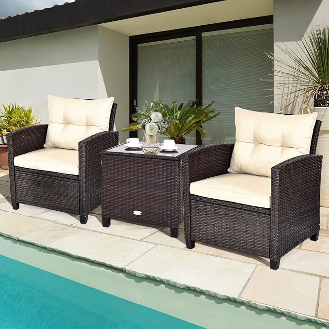 3-Piece Wicker Patio Furniture Set, Outdoor Sofa Set with Water-Resistant Cushion & Tempered Glass Table, Brown