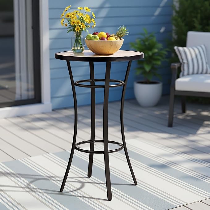 Outvita 39" Outdoor Bar Height Bistro Table, Stylish Round Pub Table with Wooden-Like Top & Sturdy Metal Frame for Patio Dining