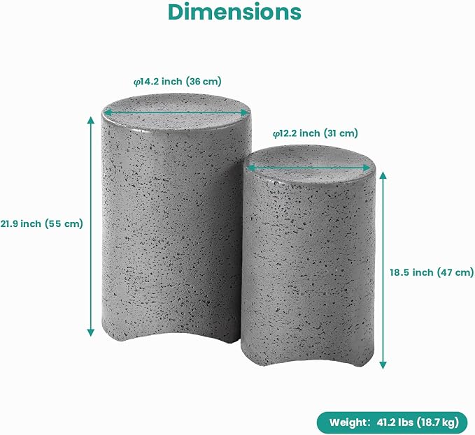 SUNBURY Concrete Side Table Set of 2, Outdoor Side Table Nesting for Patio, Outdoor Accent End Patio in Spotted, Ceramic Garden Stool for Yard, Pool, Round, Grey