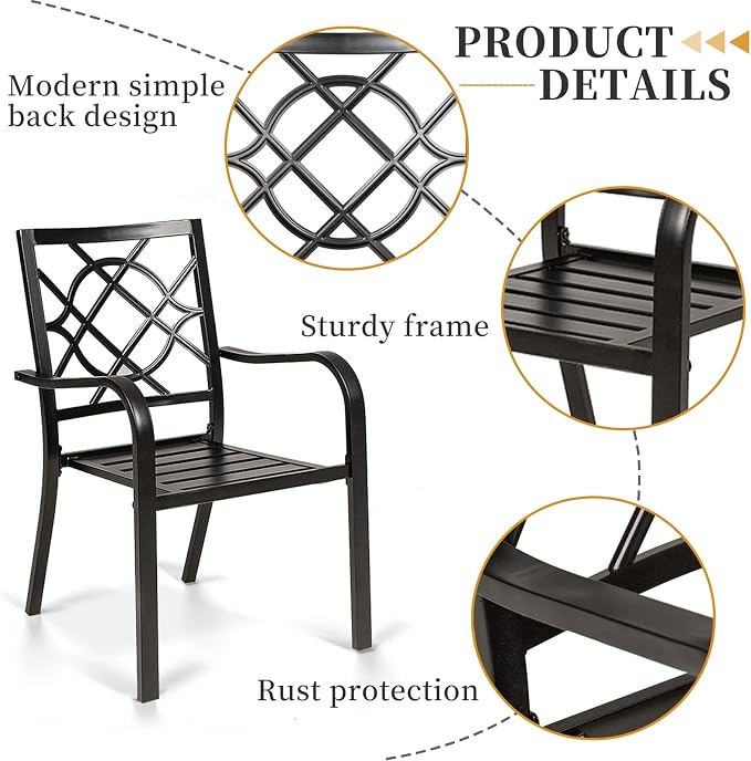 SOLAURA 8-Piece Outdoor Patio Dining Set, 6 Person Outside Table and Chairs Set, Metal Stacked Chairs of 6, Slat Table Top with 1.57" Umbrella Hole and 9 FT Patio Umbrella (Black)