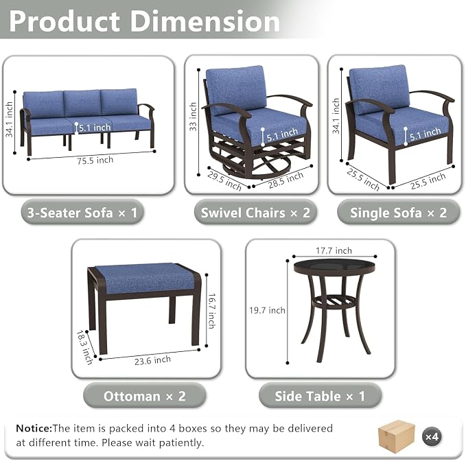 Patio Furniture Set 9-Seat Aluminum Armrest Sofa, Aluminum Outdoor Furniture with 2 Swivel Chairs, 5" Cushions, Outdoor Sectional with High Backrest & 2 Footstools for Backyard, Poolside - Blue