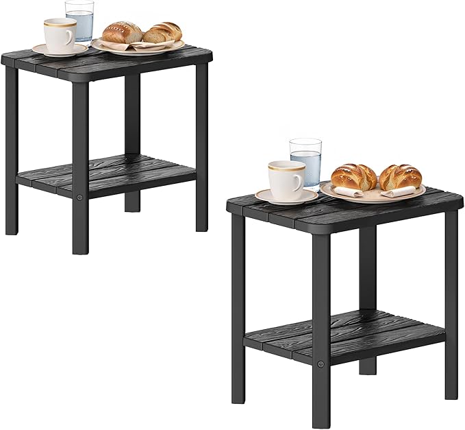 KAMABOKO Outdoor Side Table Set of 2, 2-Tier Adirondack Square Patio Table, HDPE End Tables for Backyard Pool Porch Lawn, Easy Maintenance & Weather Resistant, Black