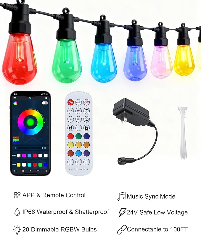 Smart Outdoor String Lights, 50FT RGB Color Changing Patio Lights with Timer, 21-Key RF Remote and Bluetooth, IP65 Waterproof Shatterproof LED Lights for Backyard Balcony Garden Party Decor