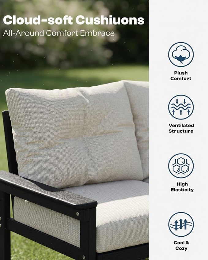 HDPE Outdoor Patio Furniture Set, 10-Piece Patio Conversation Sets with Coffee Table & Beige Washable Thick Cushions, Outdoor Sofa for Garden, Balcony, Porch, Yard (Black Frame)