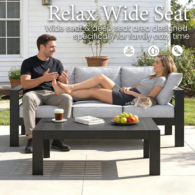 LayinSun Aluminum Furniture Set with Fire Pit Table, 4 Pieces Patio Sectional Conversation Chat Sofa Modern Seating Set