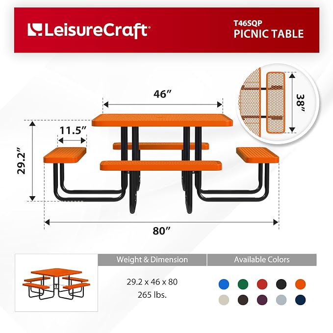 Leisure Craft Metal Picnic Table with Bench - 46" Square Outdoor Dining Table for 8 with Umbrella Hole, Weatherproof Heavy Duty Thermoplastic Coating, Commercial Grade Furniture Made in USA - Orange