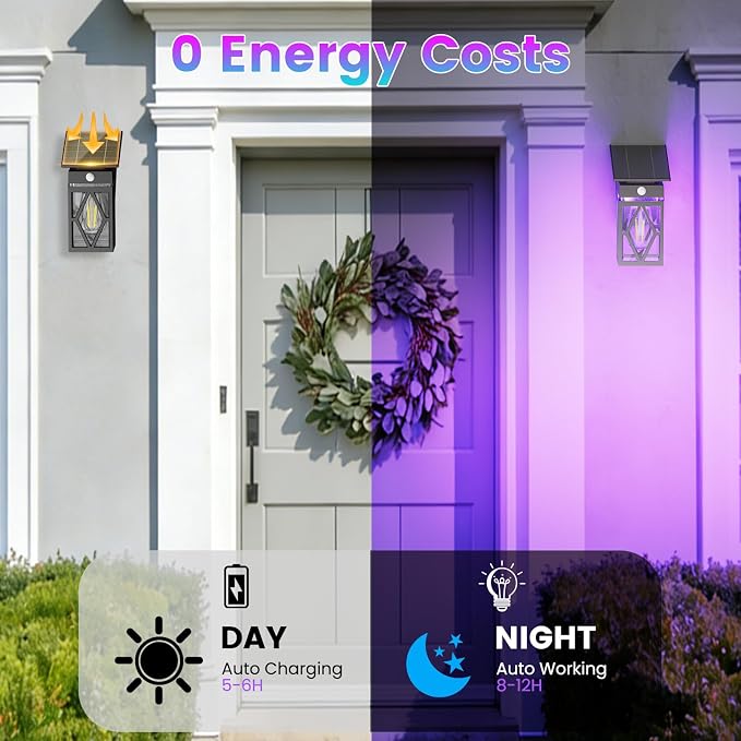 1 Pack Solar Porch Lights Outdoor with Dusk-to-Dawn Motion Sensor | 200LM RGB Lighting, E26 Bulb, 10 Color Modes (RGB Cycle / Fixed), IP65 Waterproof for Front Porch, Garage, Patio, Decorative