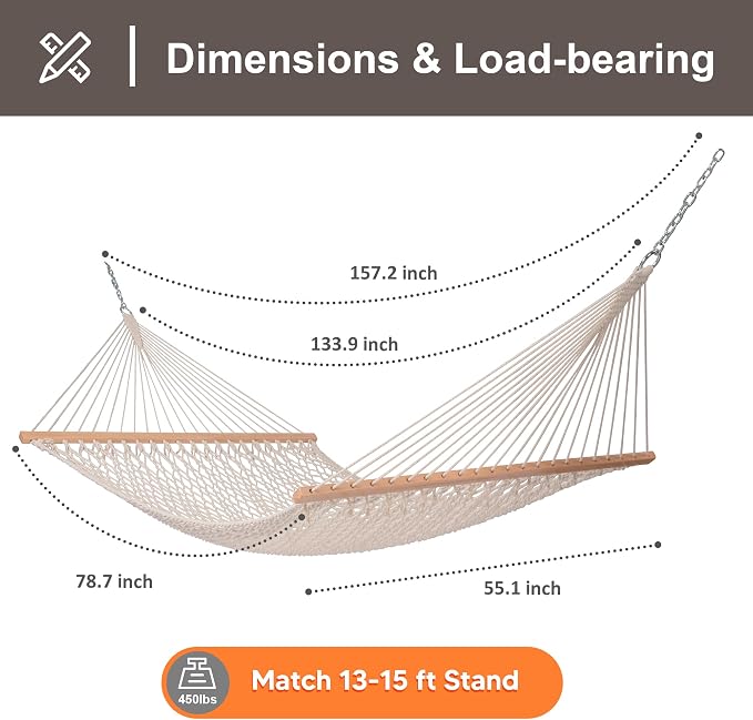 SUNCREAT Hammocks Traditional Rope Double Hammock with Hardwood Spreader Bar and Carrying Bag, 450 lbs Capacity, Natural