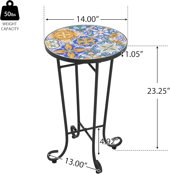 Outdoor Metal Side Table with Ceramic Tile Top Mosaic Patio Side Table and Plant Stand Tables, Round Side Table Iron End Tables for Yard Porch Balcony Garden, Daisy Blue &Yellow