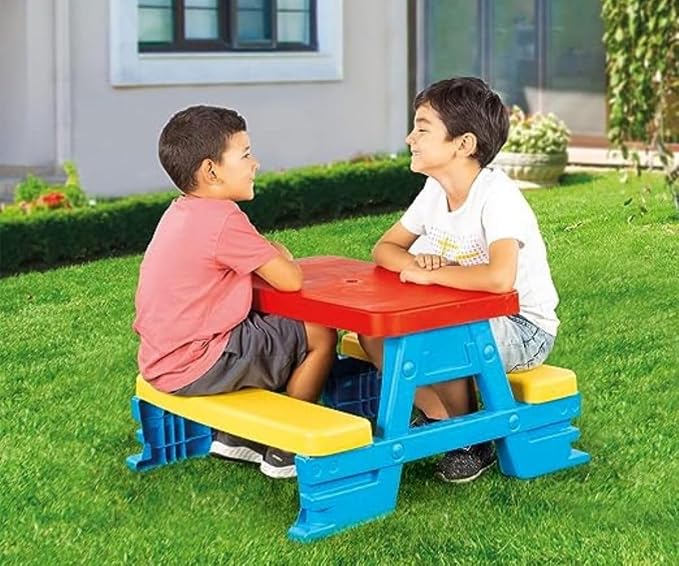 DOLU : Big Plastic Picnic Table for 4 - Blue, Red, Yellow - Indoor & Outdoor Use, 44lb Capacity, 44x77x71, Designed for Toddlers & Kids Ages 2+