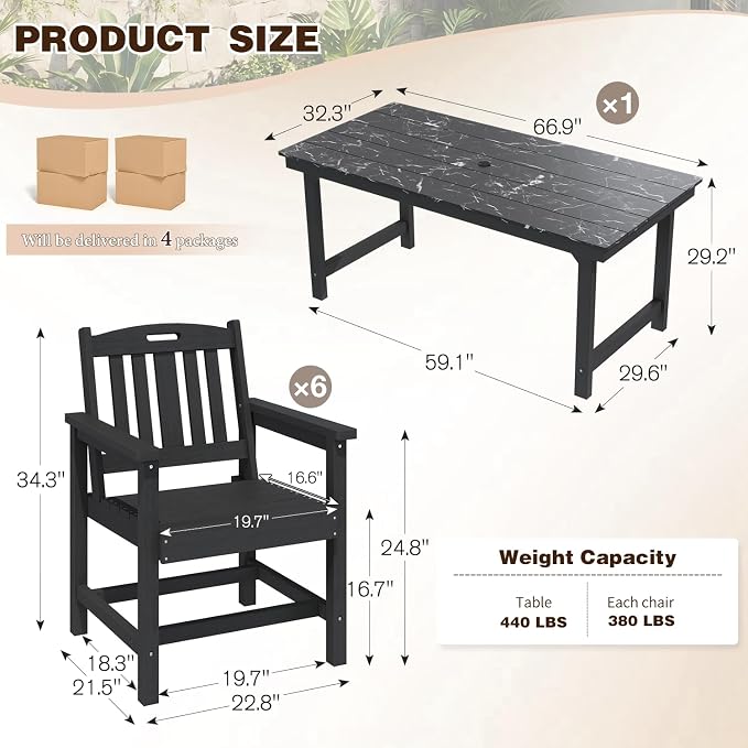 7-Piece HIPS Patio Dining Set, 66.9" W Marble Texture Outdoor Table with Umbrella Hole & 440LBS Capacity & Galvanized Steel Frame, 6 Chairs | 19.7" W, Dining Table Furniture Set for 6, Black