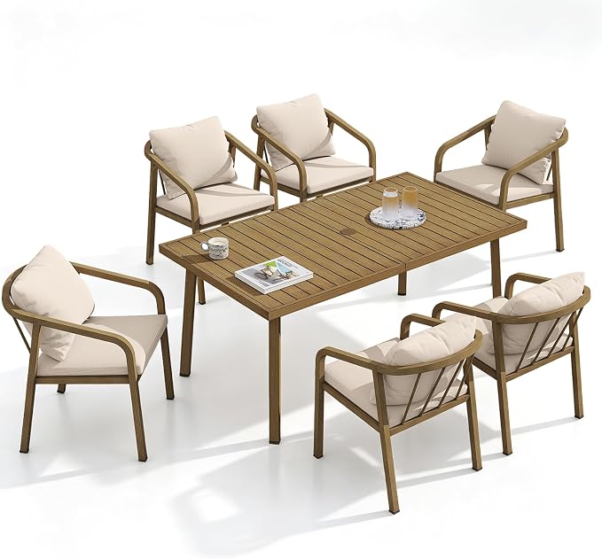 7-Piece Patio Dining Set, Never-Rust Aluminum Outdoor Dining Set for 6, Rectangular Outdoor Table and Chairs Set with Washable Cushions, Patio Furniture Set for Poolside, Deck, Backyard, Teak
