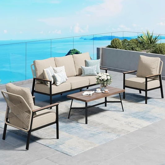 SUNSHINE VALLEY 4 Pieces Patio Furniture Set, High Back Rattan Outdoor Conversation Set with Thick Cushion and Coffee Table for Lawn Garden Backyard and Deck