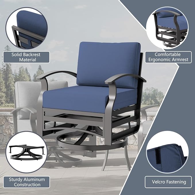 Aluminum Outdoor Patio Furniture Set,7 Seats Patio Conversation Sets with 2 Ottomans,Metal Patio Sectional Furniture Set with 2 Swivel Rocking Chairs,Navy Blue