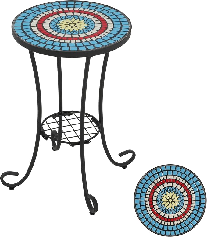 Christopher Knight Home Glady Outdoor Round Side Table, Patio End Table with Ceramic Top and Metal Frame, Small Decorative Accent Table for Patio Garden Porch Balcony, Mosaic