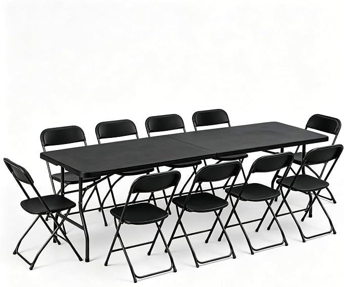 8 FT Black Plastic Folding Table Chairs Set, Portable Foldable Table with 10 Black Folding Chairs for Picnic, Event, Game, Camping, Dining, at Home and Commercial Use