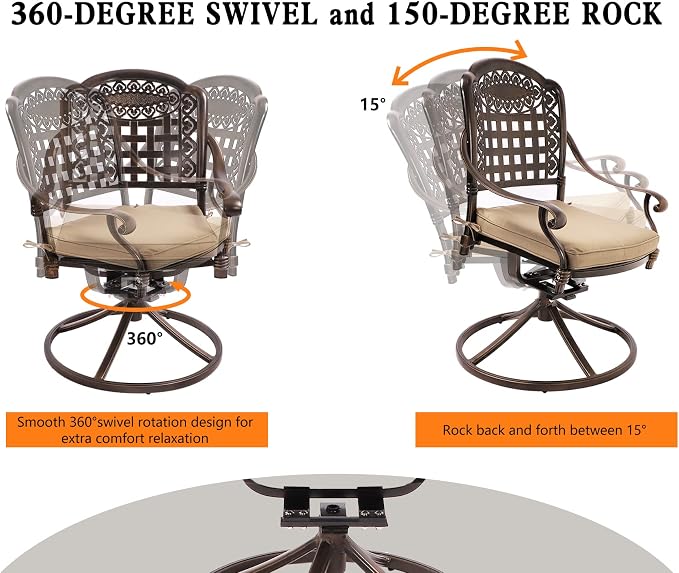 Grepatio 5 Piece Cast Aluminum Patio Dining Set, Outdoor Furniture Set with 4 Swivel Rocker Ding Chairs, 4 Cushions and 35.4" Square Table with 2" Umbrella Hole, Antique Bronze (Grid)