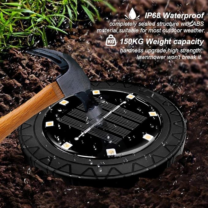 Solar Powered 8 Pack Outdoor LED Disk Lights - IP68 Waterproof, Non-Slip, Wear-Resistant Pathway Lights (Warm White)