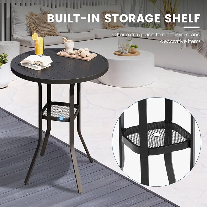 DIFY Patio Bar Height Table, 35.5" Round Outdoor Bistro Table with 1.57" Umbrella Hole for Poolside, Balcony, Pub and Garden, Black