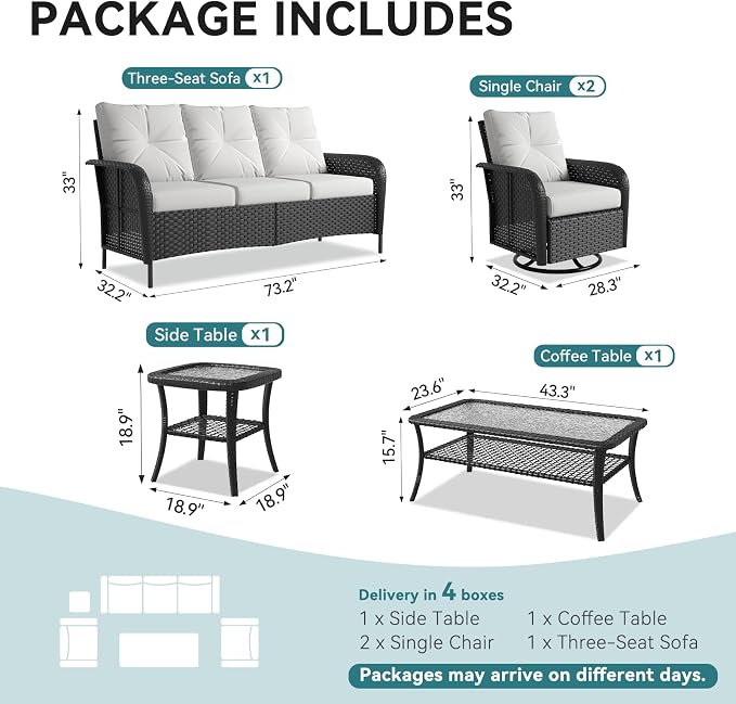 LazySunsets 7 Piece Outdoor Patio Furniture Set with Coffee Table, Wicker Rattan Outdoor Furniture with High Back Swivel Rocker Chairs, Outdoor Conversation Sets with Thick Cushions, Beige