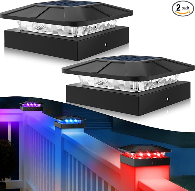 4x4 Post Solar Lights RGB Color Changing, 2 Pack Post Cap Light Fits 4×4/3.5×3.5 Wood/Vinyl Posts, Waterproof Fence Top Lighting for Wood/Vinyl Posts for Outside Deck Mailbox Porch Railing