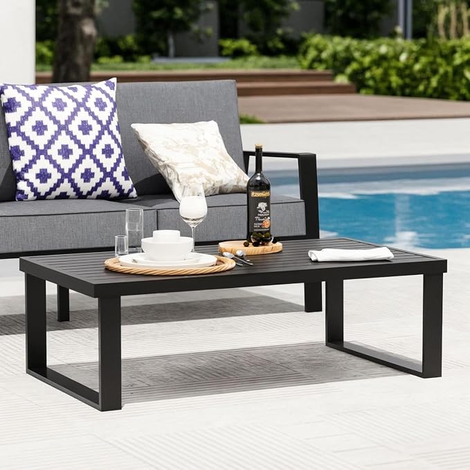Aluminum Outdoor Patio Coffee Table for Deck and Poolside(Black, All-Aluminum)